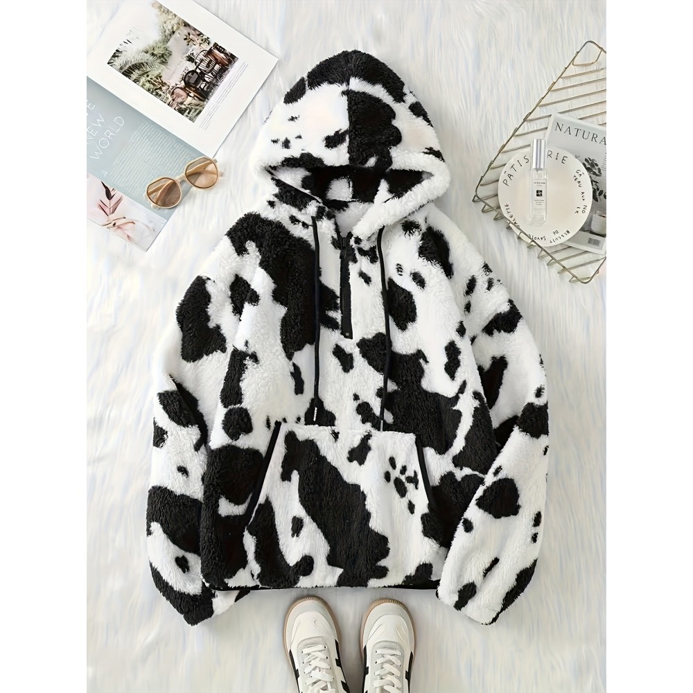 Women's Elegant Half-Zip Hooded Jacket, Plus Size Winter Warmth Coat with Full-Zip Front, Soft Fleece Lining, Animal Print (Cow/Sheep Design), Casual Outerwear, Cold Weather Wear, Stylish Outerwear, Zip-Up Coat