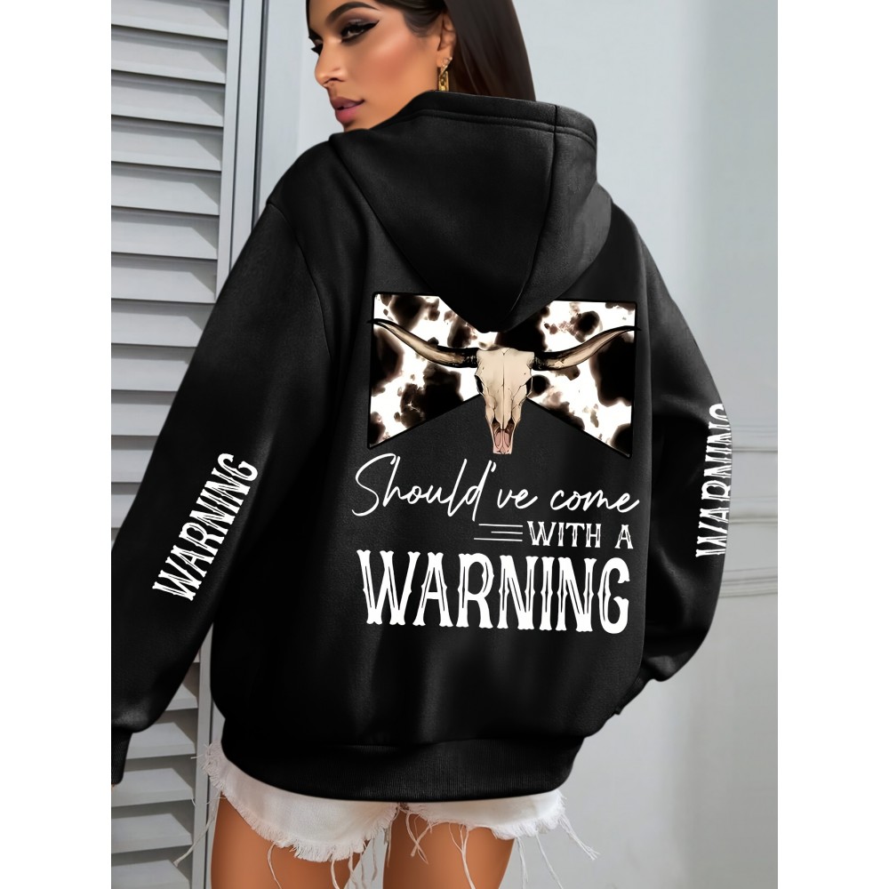 Women'S Plus Size Western Print Hoodie, Casual Long Sleeve with Pocket, 100% Polyester Knit Fabric, Slight Stretch, Pullover Hooded Sweatshirt for Fall/Winter, Casual Style