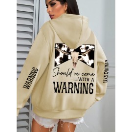 Women'S Plus Size Western Print Hoodie, Casual Long Sleeve with Pocket, 100% Polyester Knit Fabric, Slight Stretch, Pullover Hooded Sweatshirt for Fall/Winter, Casual Style