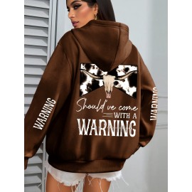 Women'S Plus Size Western Print Hoodie, Casual Long Sleeve with Pocket, 100% Polyester Knit Fabric, Slight Stretch, Pullover Hooded Sweatshirt for Fall/Winter, Casual Style