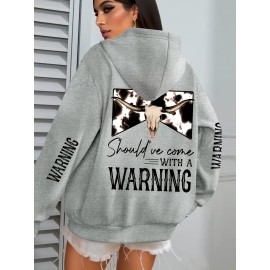 Women'S Plus Size Western Print Hoodie, Casual Long Sleeve with Pocket, 100% Polyester Knit Fabric, Slight Stretch, Pullover Hooded Sweatshirt for Fall/Winter, Casual Style