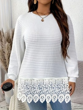 Plus Size, Women's Elegant Long Sleeve Pullover Sweatshirt - White with Lace Trim, Relaxed Fit for Everyday & Formal Events, Machine Washable Winter Sweater for Women, Cute Sweatshirts, Autumn Fashion, Classic Round Neckline, Quality Stitching, Stylish Clothing, Casual Chic