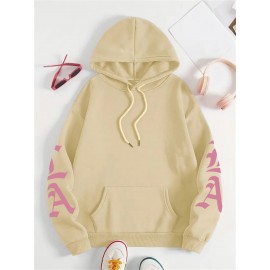 Los Angeles Letter Print Casual Hooded Sweatshirt - Long Sleeves Oversized Hooded Sweatshirt with Popular Extension