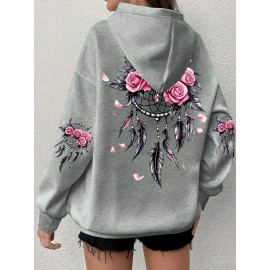 Women'S Plus Size Boho Chic Hoodie - Soft, Comfortable Long Sleeve with Dreamcatcher & Floral Print, Casual Pullover with Pockets for Everyday Wear, Casual Wear Hoodie|Boho Chic Style|Soft Fabric Hoodie