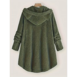 Women's Plus Size Cozy Cat Print Hoodie - Casual Long Sleeve, Button Detail, Soft Fleece-Like Fabric, Machine Washable, Green with Asymmetrical Hem for Fall/Winter, Oversized Hoodie