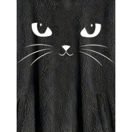 Women's Plus Size Cozy Cat Print Hoodie - Casual Long Sleeve, Button Detail, Soft Fleece-Like Fabric, Machine Washable, Green with Asymmetrical Hem for Fall/Winter, Oversized Hoodie