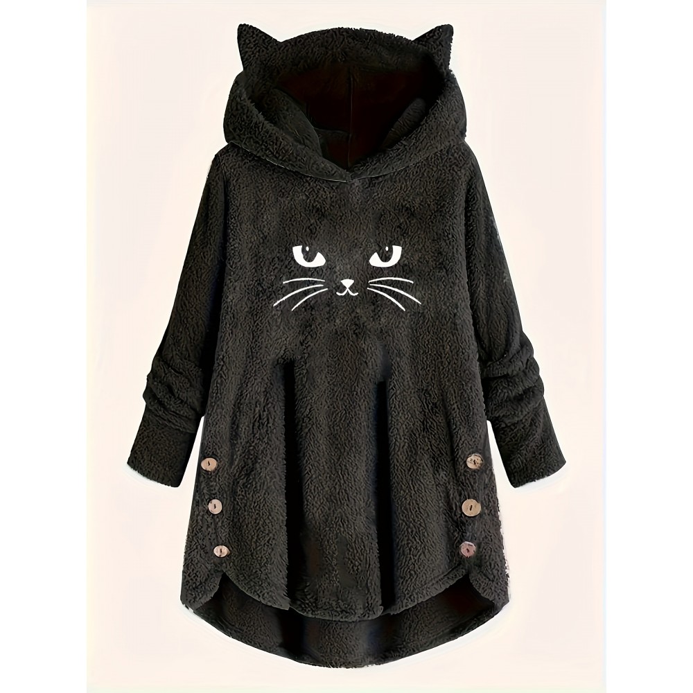 Women's Plus Size Cozy Cat Print Hoodie - Casual Long Sleeve, Button Detail, Soft Fleece-Like Fabric, Machine Washable, Green with Asymmetrical Hem for Fall/Winter, Oversized Hoodie
