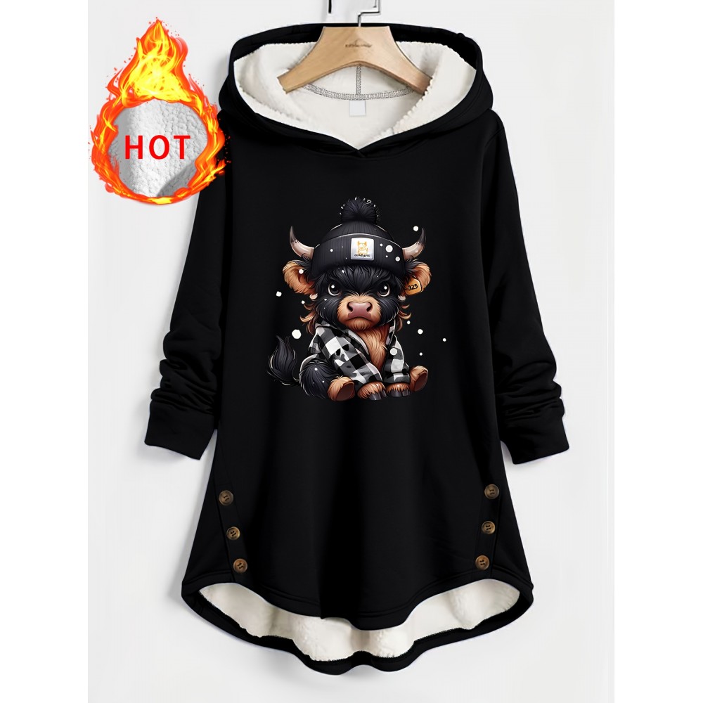 Plus Size - Women'S Plus Size Winter Hooded Coat - Soft Lined Hooded Sweatshirt with Cow Print & Lettering, Casual Elegant Outerwear for Fall/Winter, Warm Button-Front Closure, Machine Washable Durable Fabric, Sweater Hoodie