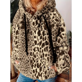Plus Size Leopard Print Hoodie - Ultra-Soft Fleece Long Sleeve Drawstring Sweatshirt with Spacious Pockets for Women - Vibrant Print Design, Adjustable Fit, and Cozy Comfort