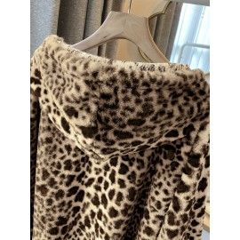 Plus Size Leopard Print Hoodie - Ultra-Soft Fleece Long Sleeve Drawstring Sweatshirt with Spacious Pockets for Women - Vibrant Print Design, Adjustable Fit, and Cozy Comfort