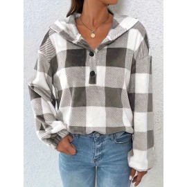 Plus Size Women's Gingham Check Hoodie - V-Neck Long Sleeve Pullover with Button Details, Drop Shoulder Design, and Pockets, Casual Wear for Fall/Winter | Vneck Hoodie | Construction, Sweater Hoodie