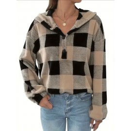 Plus Size Women's Gingham Check Hoodie - V-Neck Long Sleeve Pullover with Button Details, Drop Shoulder Design, and Pockets, Casual Wear for Fall/Winter | Vneck Hoodie | Construction, Sweater Hoodie