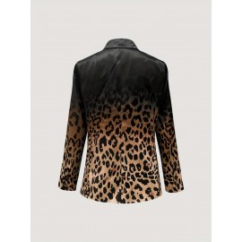 Plus Size - Women'S Elegant Leopard Print Blazer Jacket - Structured Lapel Collar, Tailored Fit with Chest Pocket, Warm BrownRed/Orange Gradient - Formal & Casual Outerwear for Office, Party, Everyday - Autumn/Winter Coat for Women - Stylish Leopard