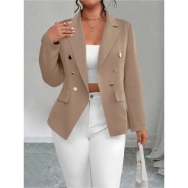 Plus Size - Plus-size Women'S Solid Color Double-Breasted Fitted Waist Long-Sleeved Suit Jacket | Elegant Style with Lapel Collar and Button Details, Perfect for All Seasons