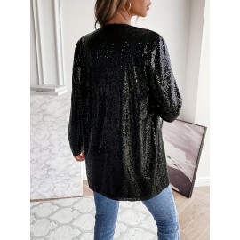 1pc Elegant Plus Size Sequin Long Sleeve Blazer for Women - Casual Open Front Polyester Jacket with Shimmering Detail, Knitted Fabric, Versatile for All Seasons