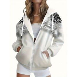 Women'S 3D Floral Print Hooded Zipper Jacket Sweatshirt - Winter Warmth Full-Zip Outerwear, White with Black Floral Pattern, Relaxed H-Line Silhouette, Machine Washable Non-Stretch Fabric, Long Sleeve Coat for Casual & Formal Outfits
