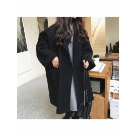 Women's New Korean Winter Coat - Collar Loose-Fit Mid-Length Jacket, Solid Color Warm Outerwear for Fall & Winter, Machine Washable Casual Blazer for or Weekend Outfits