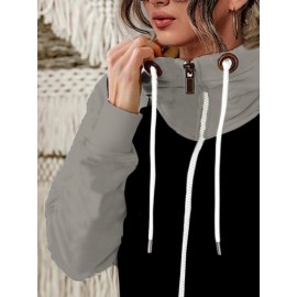 Women's Full-Zip Turtleneck Jacket - Winter Warm Coat with Pockets, Black & Brown Two-Tone Collar, Full-Zip Front Closure & Drawstring Hood-like Neckline, Casual Outerwear (Machine Washable) for Fall/Winter (No-Stretch Fabric), Womens Winter Jacket, Jacket For Women, Jackets For Women, Women Winter Jacket, Womens Jackets