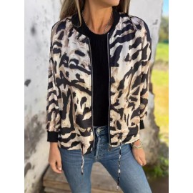 Women's Plus-Size Zebra Print Blazer Jacket - Full-Zip Front Closure, Golden-Tone Zipper & Black/White Stripes, All-Season Casual to Semi-Formal Outerwear, Machine Washable Tunic-like Jacket for Women (No Bulk, Structured Fit) - Medium Stretch Fabric, Full-Length Zipper, Chic & Versatile Design, Suitable for Layering or Standalone Wear, Plus-Size Friendly, Eye-Catching Zebra Stripe Jacket
