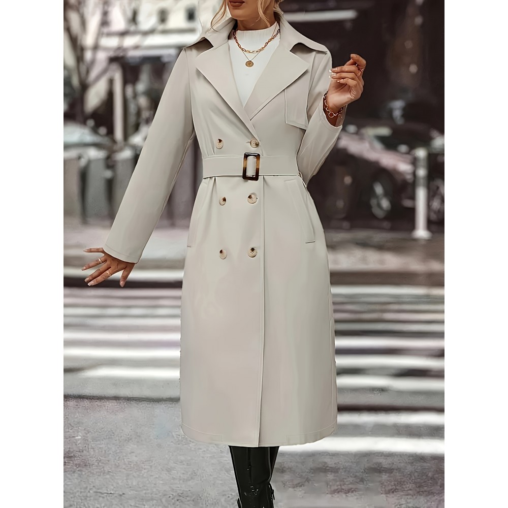 Women's Plus Size Long Coat - Elegant Belted Button Front Closure, Beige/Classic Colors Non-Stretch Jacket for Fall/Spring, Office, Casual & Formal Events - H-Line Silhouette Outerwear