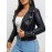 [Plus Size Bomber Jacket] Black Plus Size Women's Casual Jacket | Long Sleeve, Non-Stretch Fabric, Texture, Spring/Fall Outerwear, Zipper Bomber with Flap Pockets