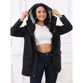 Women'S Plus Size Casual Hooded Windbreaker Jacket - 100% Polyester, Solid Color, Non-Stretch Woven Fabric, Fake Pockets, Spring/Fall Outerwear