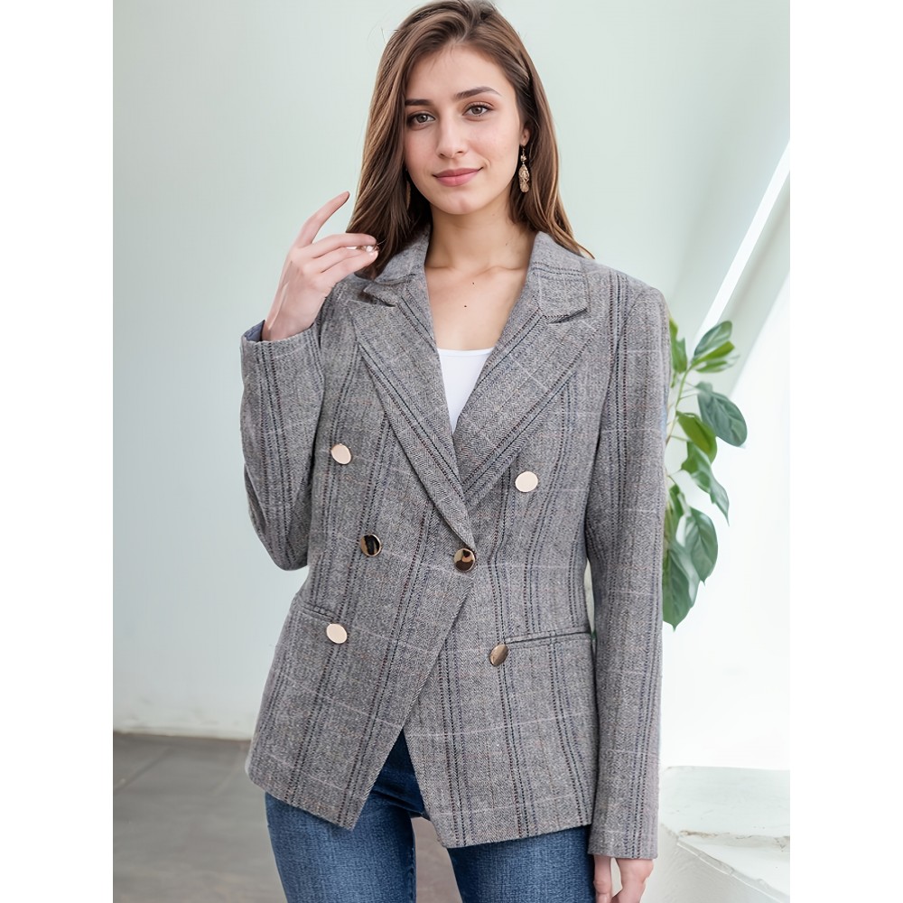 Elegant Plus Size Double-Breasted Blazer - Chic Plaid, Long Sleeve Suit Jacket for Women, Machine Washable