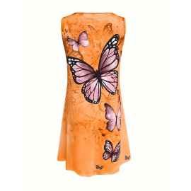 Women's Sleeveless Summer Dress with Vibrant Tropical Butterfly Print - Casual Loose Fit Round Neck Orange Dress, Machine Washable Flared Hem for Beach, Picnics & Casual Outings, Beach Dresses, Picnic Attire, Flowy Fabric