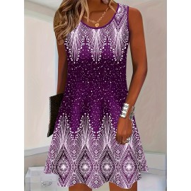 Women'S Casual Sleeveless A-Line Dress with Purple& White All-Over Print, Round Neck, Machine Washable, Medium Stretch for Spring/Summer, Spring Fashion, Elegant Style, Stretchable Fabric