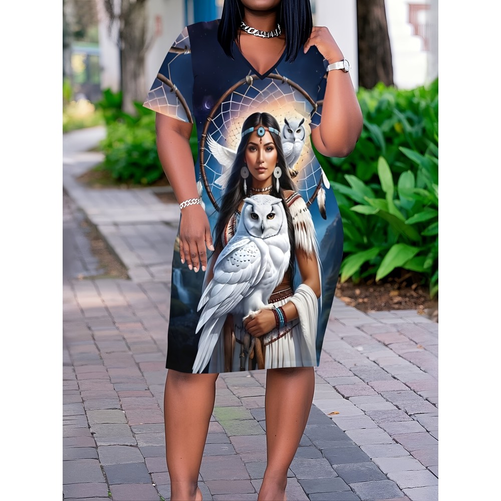 Women's Plus Size Bohemian Tribal Dress - Stretchy V-Neck Dress with Dreamcatcher & Owl Print, All-Season Casual Party Outfit in Dark Blue/White/, Flattering Fit for Everyday & Formal Events, Summer Fashion, Artistic Design, Comfortable Material, Fashion Enthusiasts