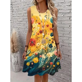 Women's Plus Size Tropical Floral Print Sleeveless A-Line Tank Dress - Vibrant Yellow to Blue Gradient, Lightweight Breathable Casual Summer Vacation Dress, Machine Washable, Casual Summer Dresses, Beach Attire, Gradientshaped Fashion, Easycare Fabric