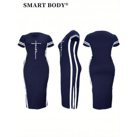 Faith Letter Women'S Striped Printed Casual Dress Side Slit Round Neck Short-sleeved Dress, Spring And Summer Casual WomenS Maxi Dress Striped Trim Split Thigh Longline Dress For Summer