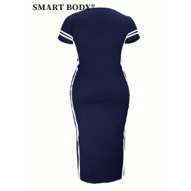 Faith Letter Women'S Striped Printed Casual Dress Side Slit Round Neck Short-sleeved Dress, Spring And Summer Casual WomenS Maxi Dress Striped Trim Split Thigh Longline Dress For Summer