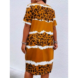 Women's Tunic Dress, Short Sleeve, Knee-Length,, Casual Summer Vacation Style, Loose Fit, Fabric, Patterned Trapeze Hem, No Belt, Pullovers Placket-