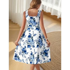 Women's Sleeveless Square Neck A-line Blue Floral Print, Spring/Summer Machine Washable, Moderately Stretchy Elegant A-line Cut, Suitable for Casual and Formal Occasions, Spring Fashion, Comfortable and Close-fitting, Non-transparent Fabric