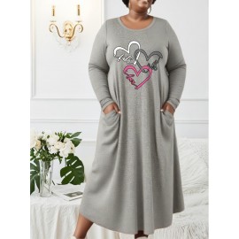 Plus Size, 1pc Women'S Plus Size Long Sleeve Maxi Dress - Elegant Black with Pink Heart & Faith Lettering, Flowy Loose Fit Formal Casual Outfits - Fall/Winter Everyday & Special Occasion Dress for Women, Winter Comfort Clothing, Comfortable Fabric
